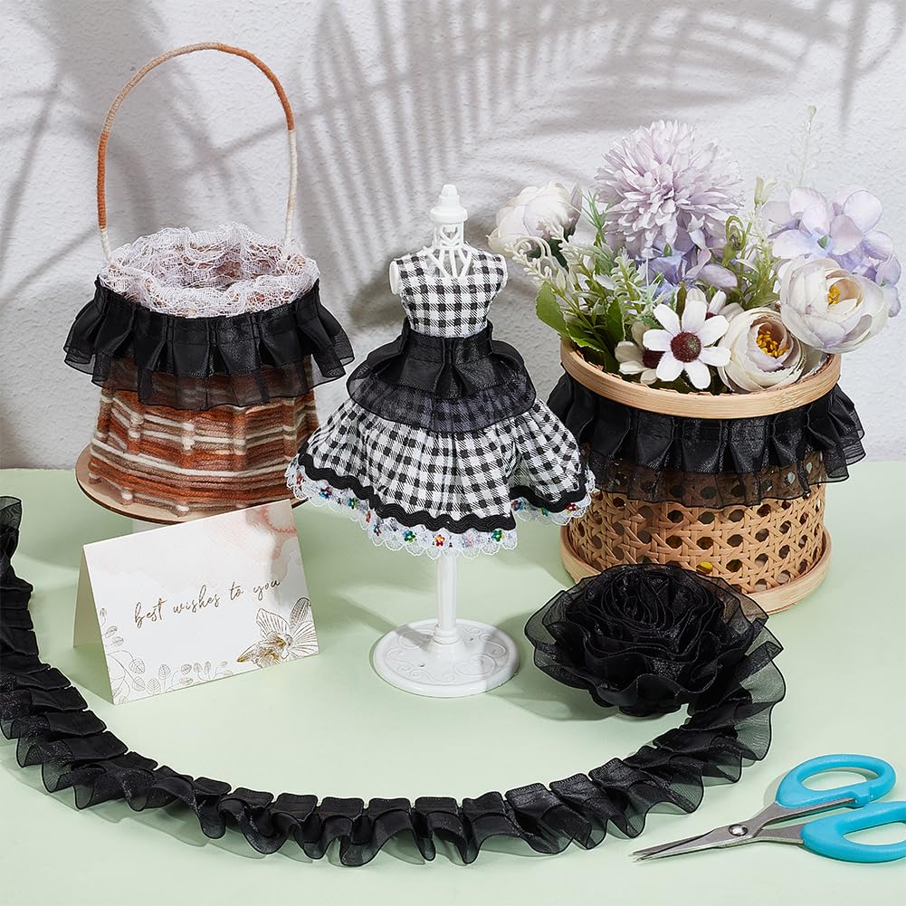 BENECREAT Ruban Organza Volants Noir 9,1 m 40 mm