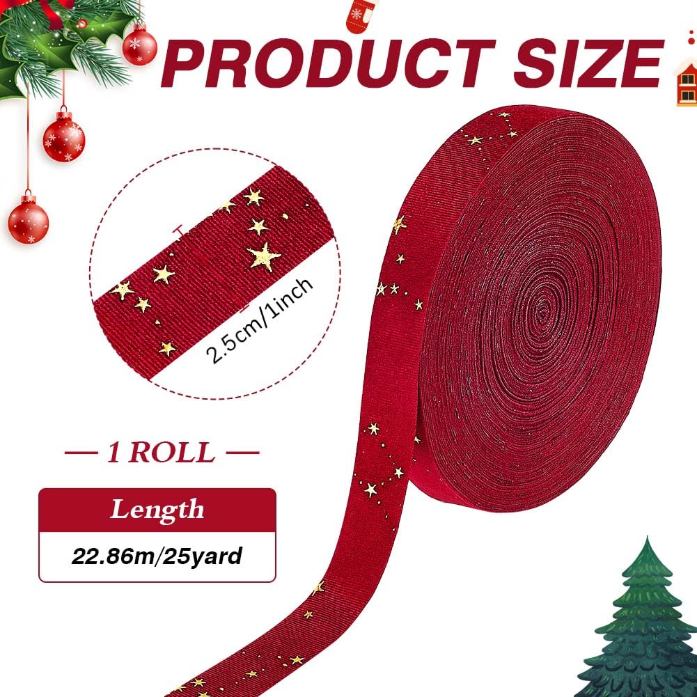 BENECREAT Ruban Velours Étoiles Ruban 22,86 m Rouge Brique Doré