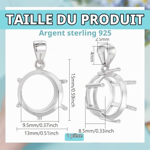 BENECREAT 925 pendentif rond 6 griffes argent cabochon