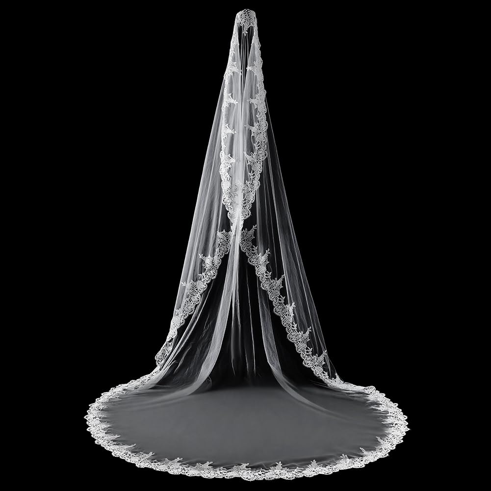 BENECREAT Voile Mariée Cathédrale Dentelle Blanc 300cm