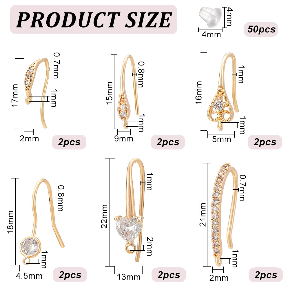 BENECREAT Crochets boucles d’oreilles strass or 18K 12 pcs