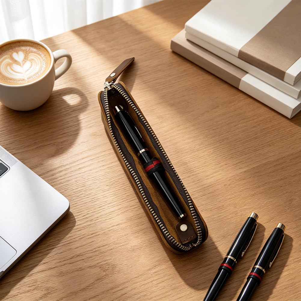 BENECREAT Étui stylo cuir zippé 19,5cm marron selle