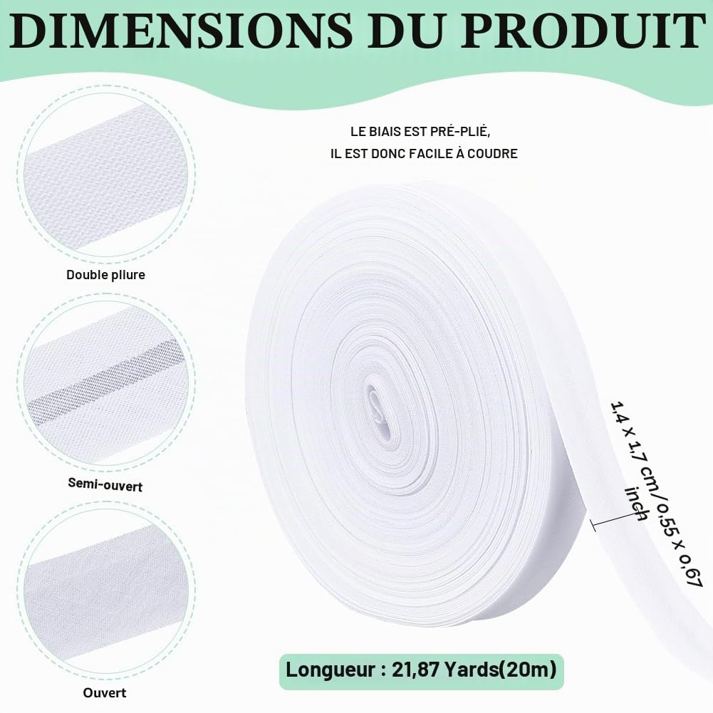 BENECREAT Biais Blanc 14mm 20 Mètres Pli Simple Coton