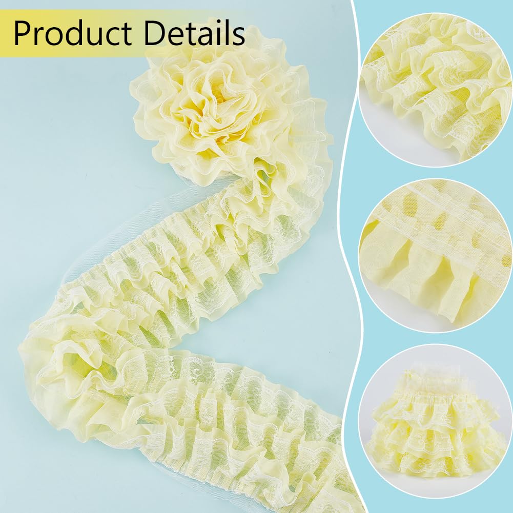 BENECREAT Galon Dentelle Plissée 3 Couches Jaune Clair 150mm x 2,3m