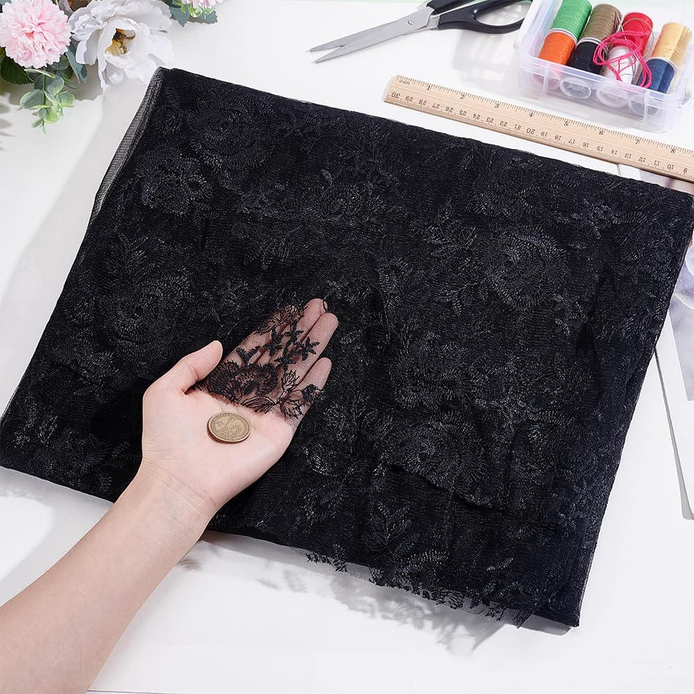 BENECREAT Tissu Dentelle Brodé Floral Noir 2m Polyester 130cm