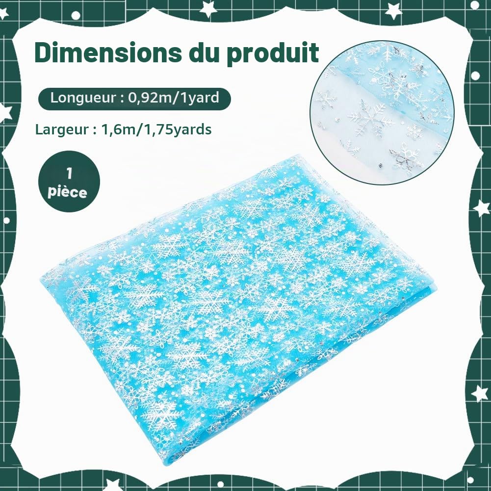 BENECREAT Tissu Tulle Bleu Flocon Argent 90x160cm Noël