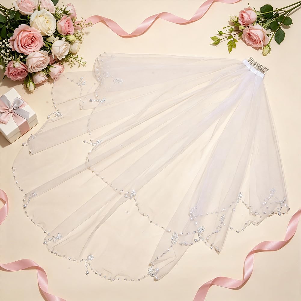 BENECREAT Voile Mariée Blanc Perles Peigne 60-80cm