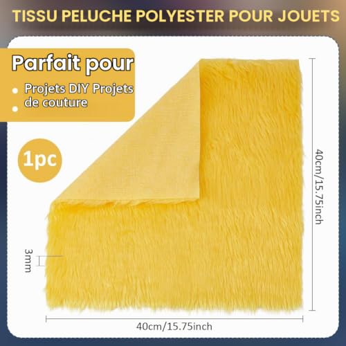 BENECREAT tissu fausse fourrure jaune 40x40cm poils 3cm