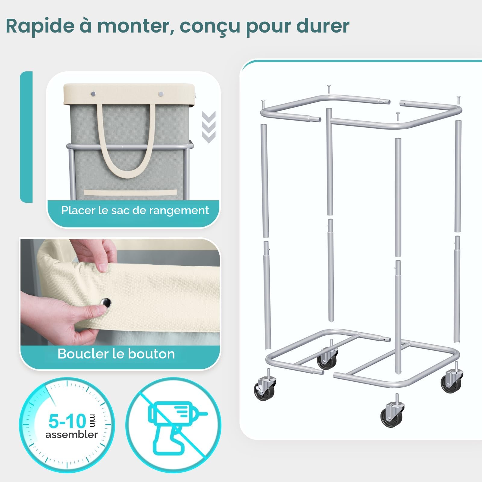 JYPS Panier À Linge Roulettes Gris 150L 50x40x80cm