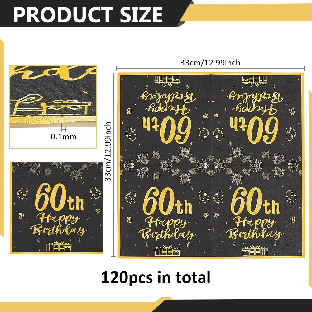 BENECREAT Serviettes 60e Anniversaire Noir Or 120pcs 33cm