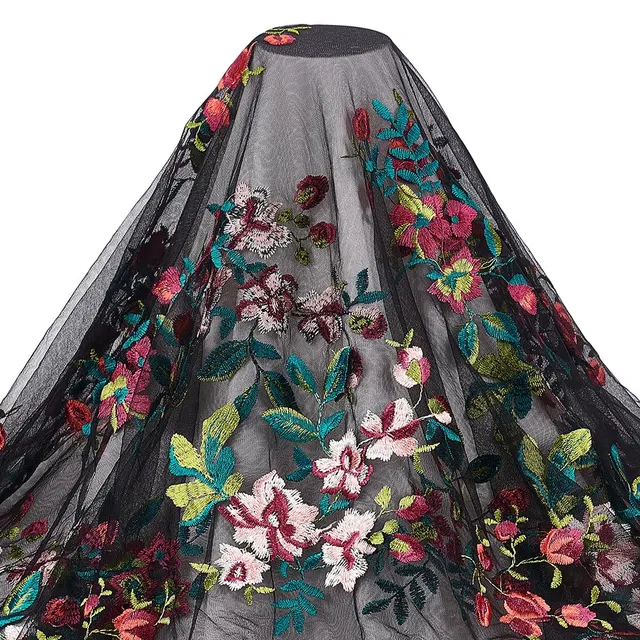 BENECREAT Tissu Dentelle Noire Fleurs 136cm 0,9m Polyester