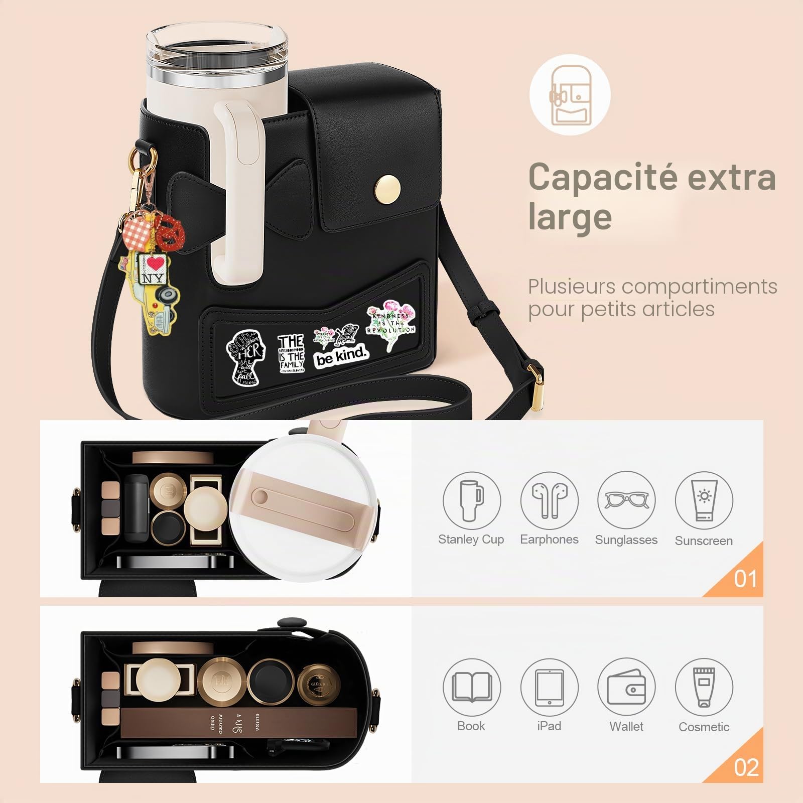 JYPS Stanley Cup 40oz sac porte-bouteille noir bandoulière
