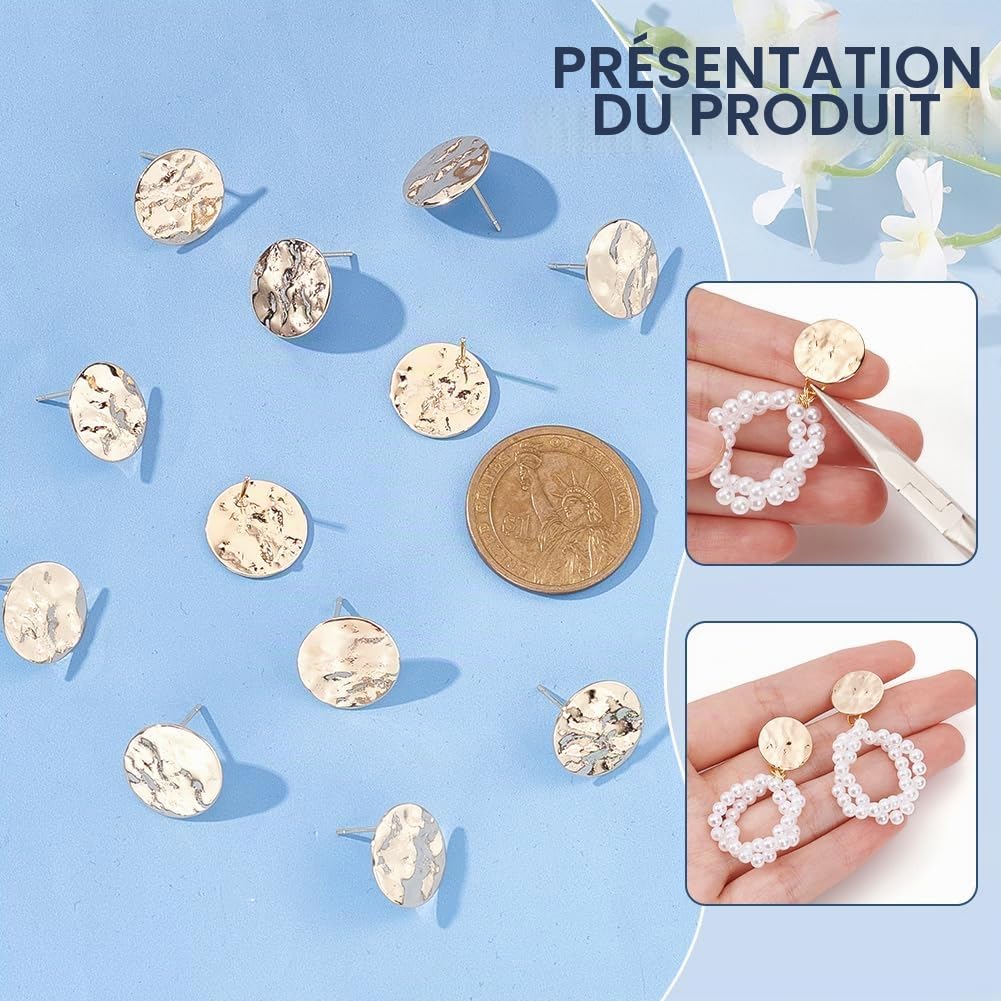 BENECREAT Clous Oreilles Rond Martelé Doré 15mm x12