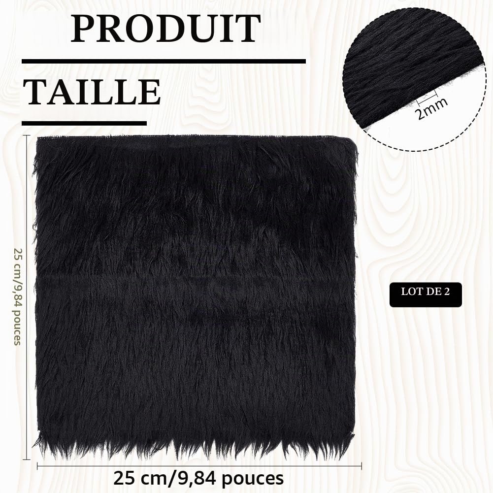 BENECREAT tissu fausse fourrure noire 25x25cm x2 douce