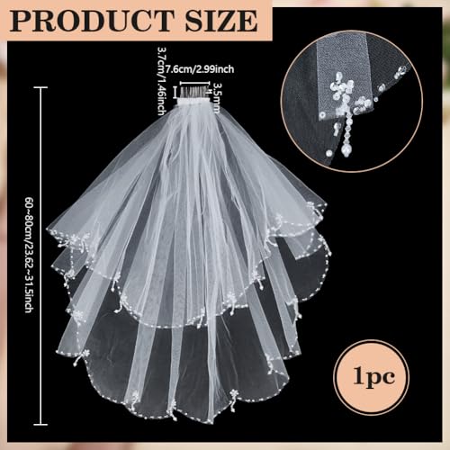 BENECREAT Voile Mariée Blanc Perles Peigne 60-80cm
