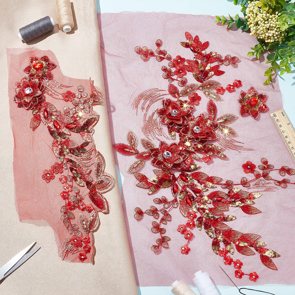 BENECREAT Patchs Fleurs Rouges 3D Dentelle Strass 2 Pcs