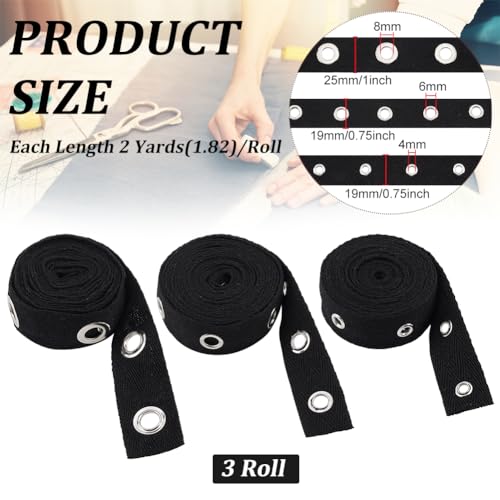 BENECREAT Ruban sergé à œillets noir 5,5m 3 rouleaux coton