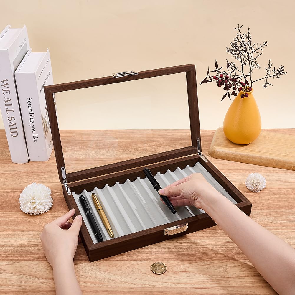 BENECREAT Boîte stylos bois noyer 12 places vitrée