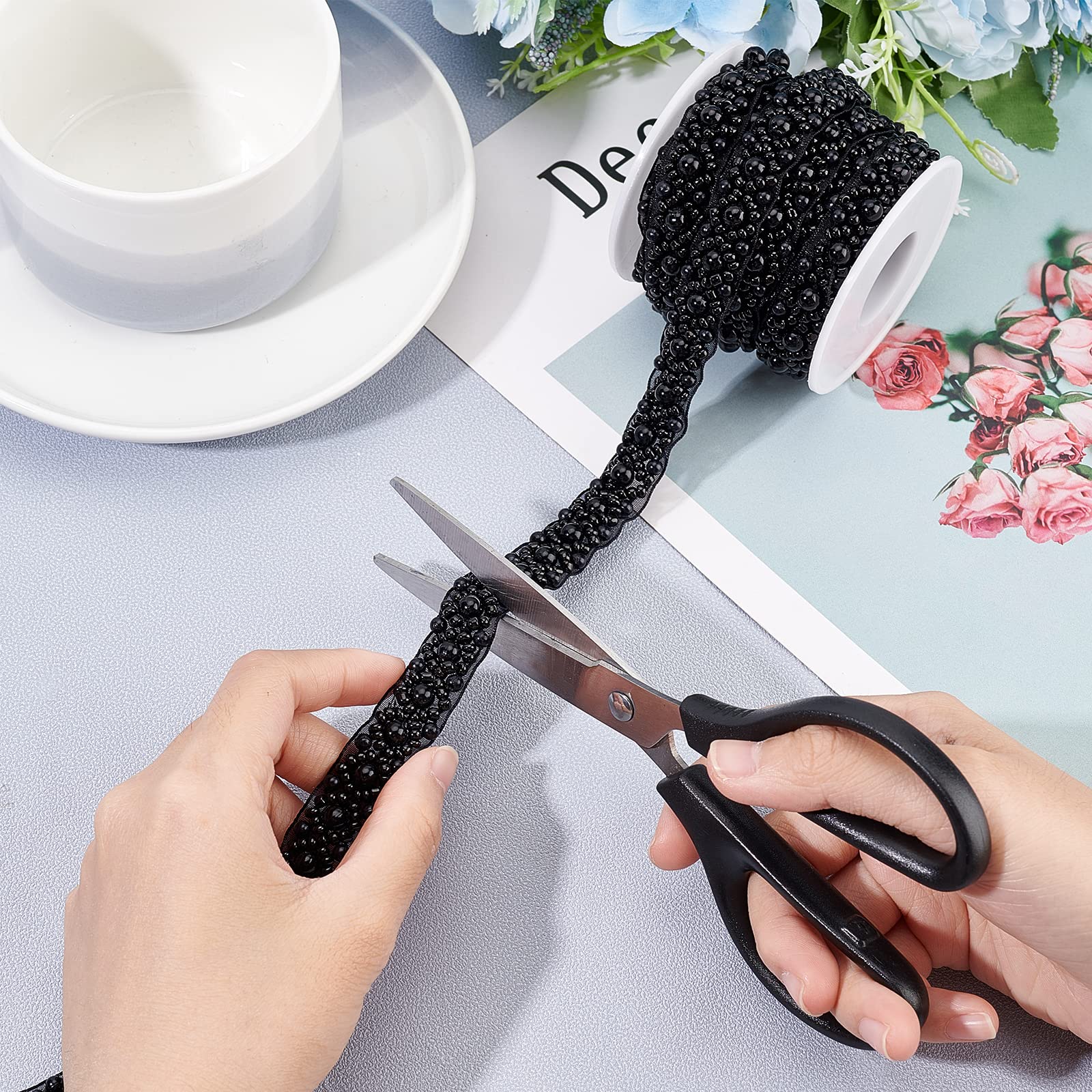 BENECREAT Ruban perlé noir strass 3m mariage