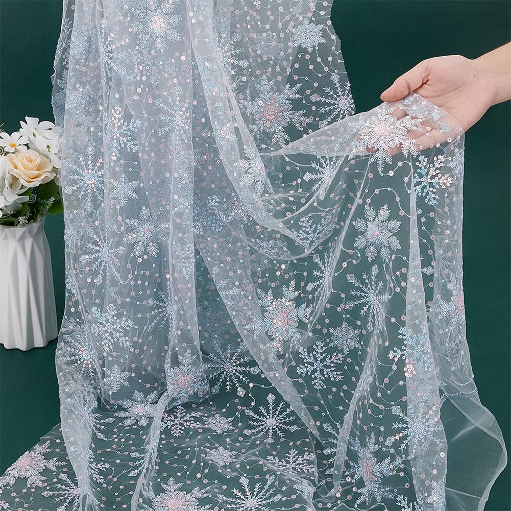 BENECREAT Tulle Flocon Neige Tissu Bleu Clair 90x156cm Paillettes