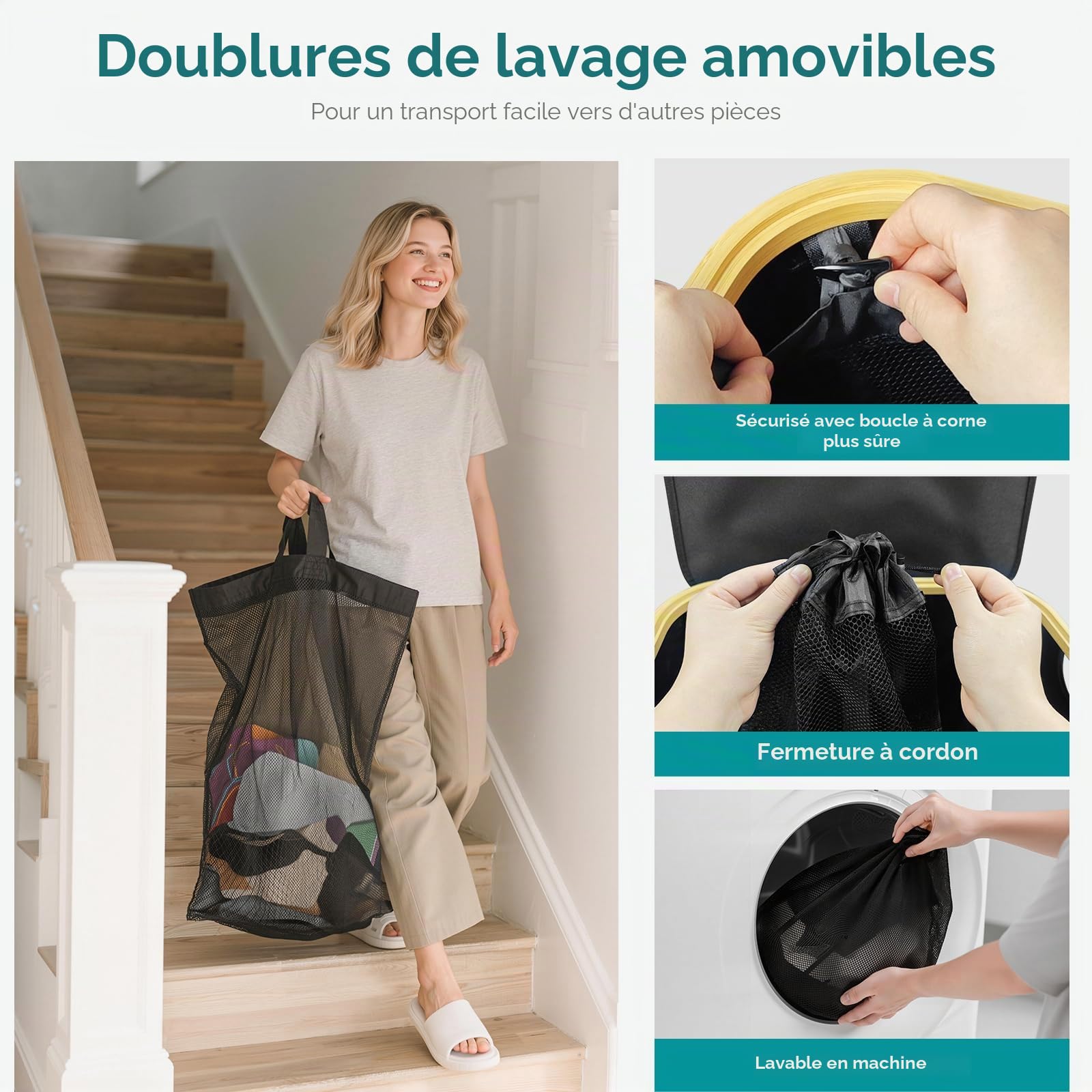 JYPS Panier à linge 110L 2 compartiments roulettes couvercle