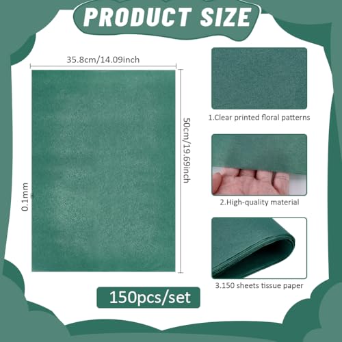 BENECREAT Papier de Soie Vert 50x35cm 150 Feuilles Emballage