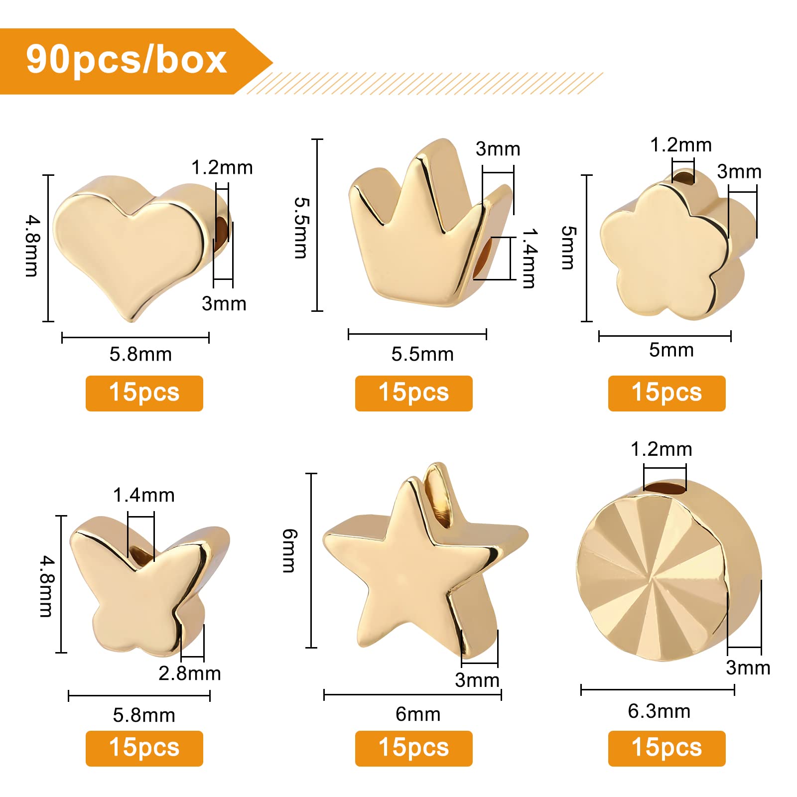 BENECREAT perles intercalaires dorées 90 pcs 6 styles