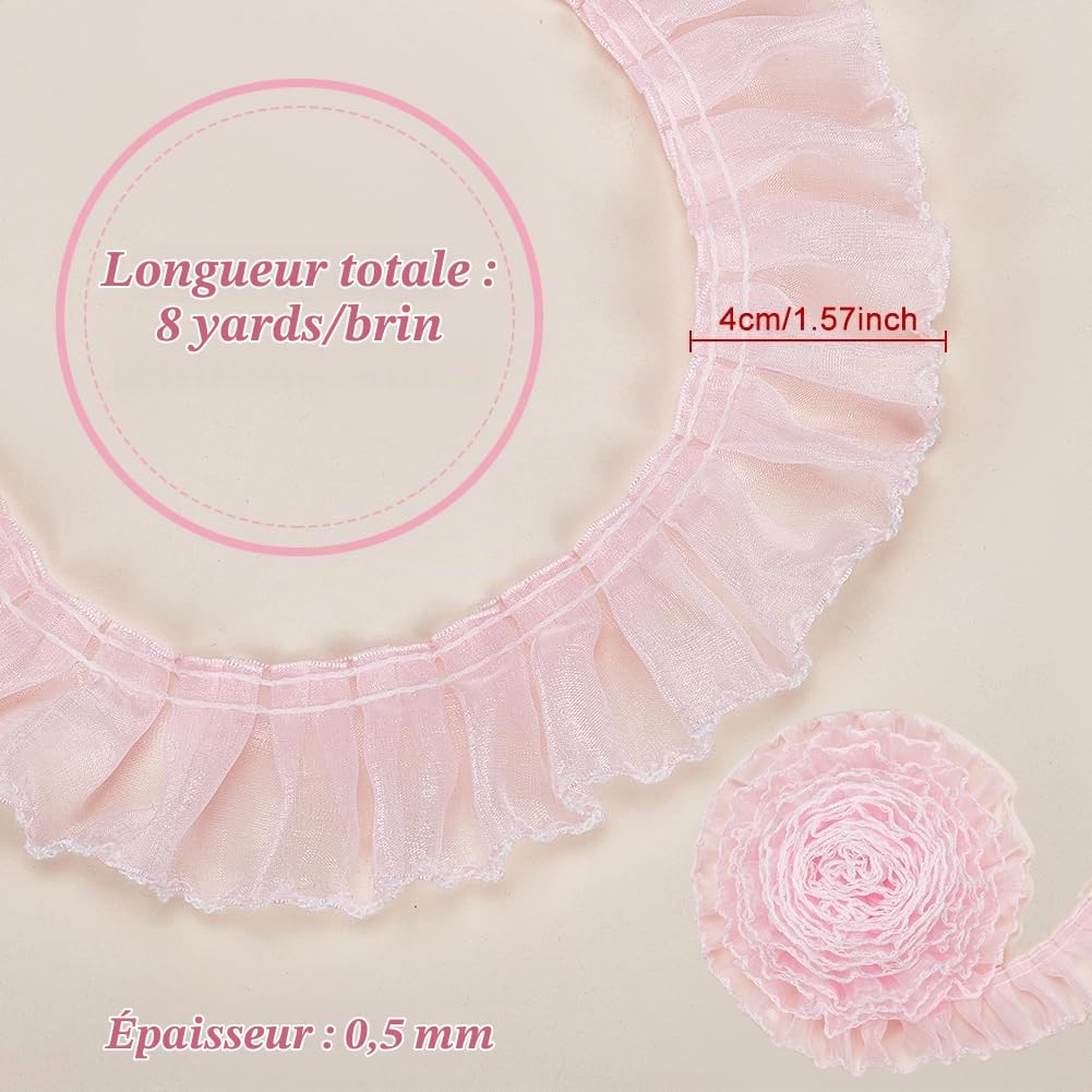 BENECREAT Ruban dentelle plissée rose blanc 40mm 7,3m couture
