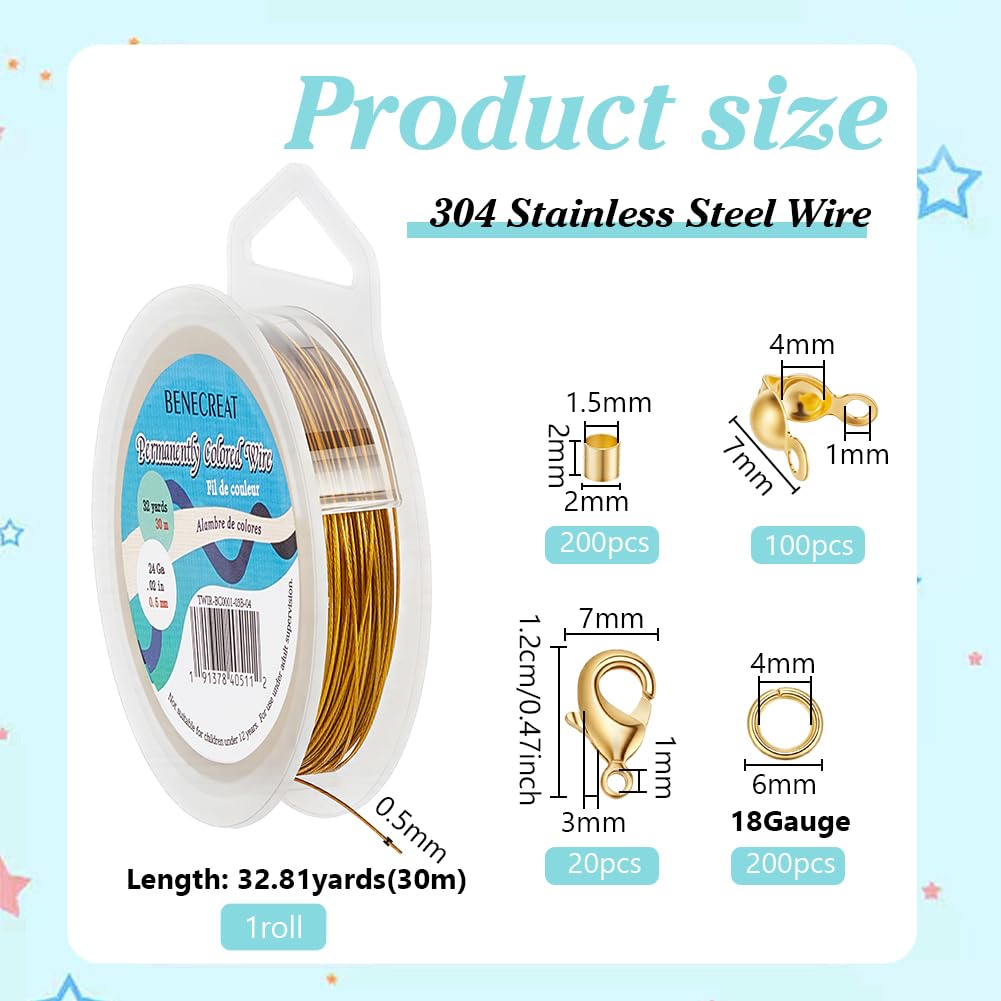 BENECREAT Kit fil acier 0,5mm 30m fermoirs dorés 520 pcs