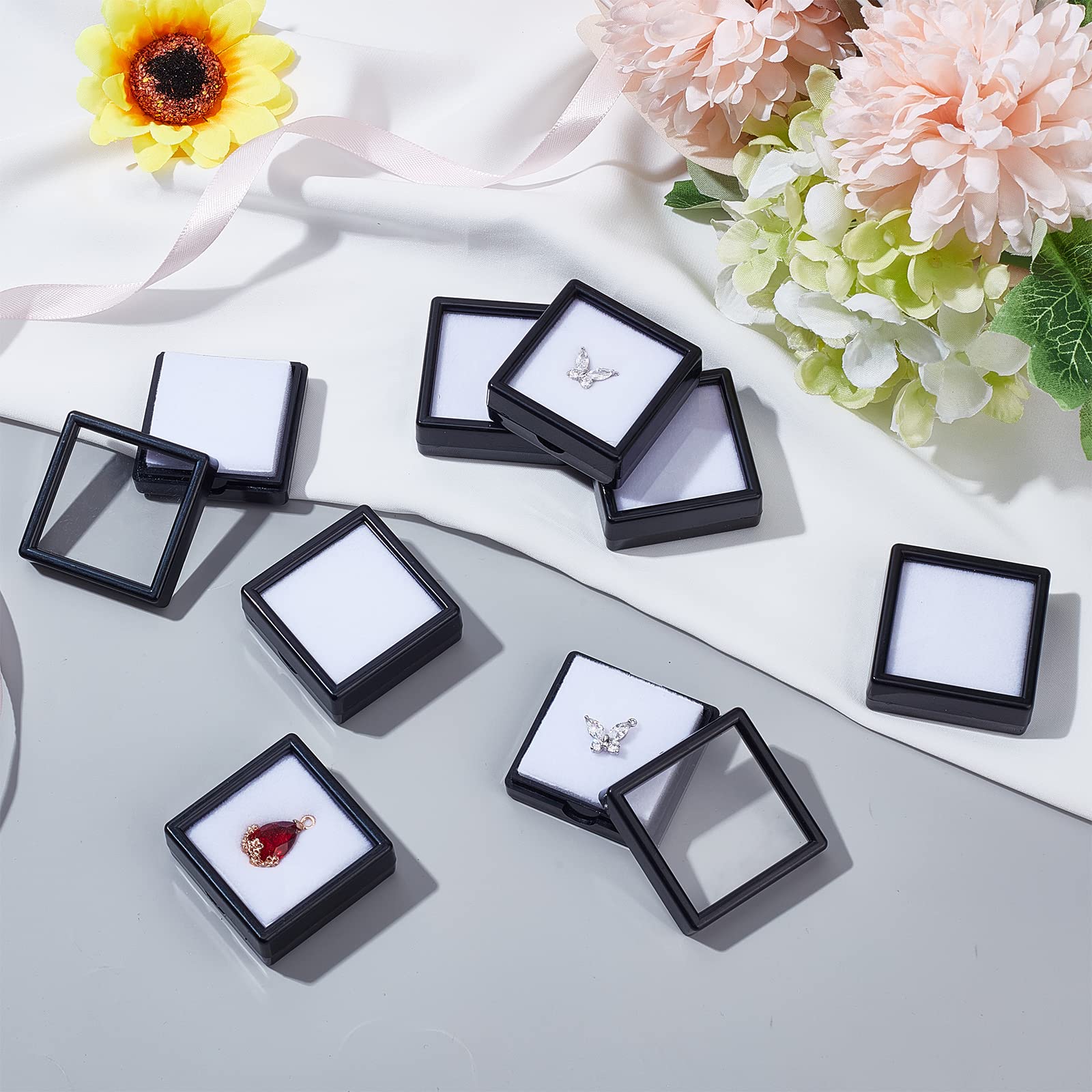BENECREAT Boîtes gemmes noires 4x4 cm couvercle transparent 24 pcs