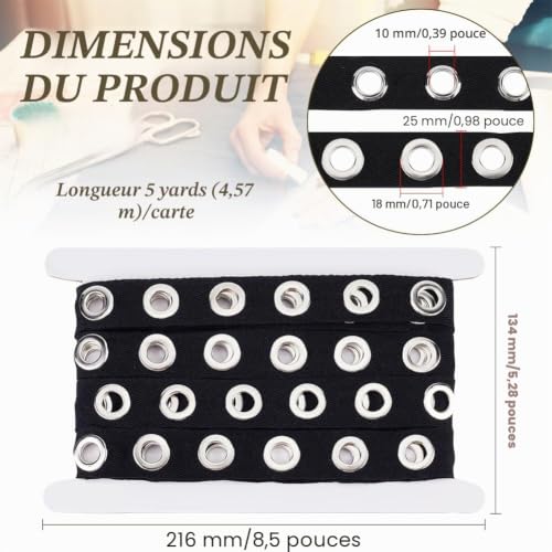 BENECREAT Ruban Œillets Coton Noir 4.5m 25mm Trou 10mm