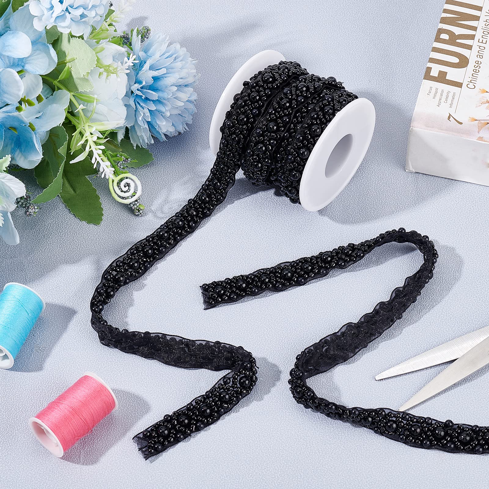 BENECREAT Ruban perlé noir strass 3m mariage