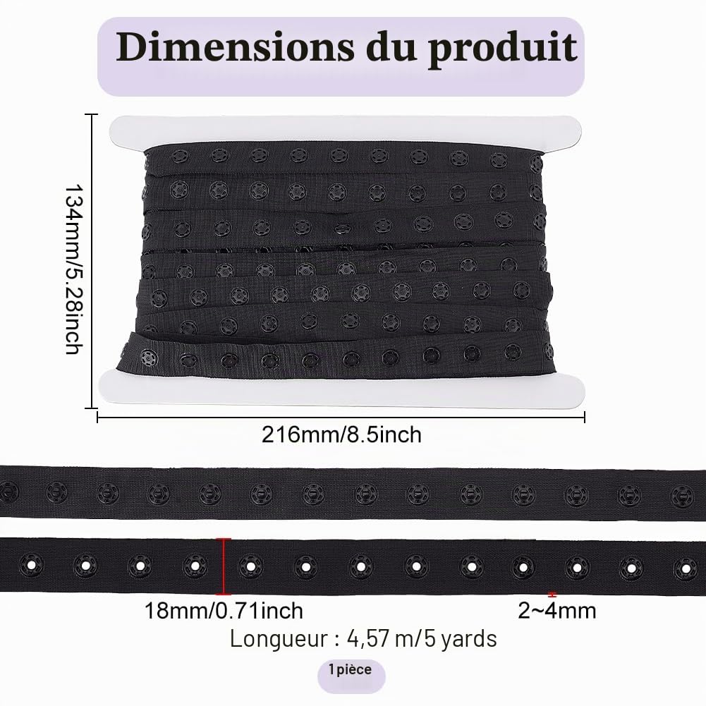 BENECREAT Ruban boutons-pression noir 18mm 4,57m