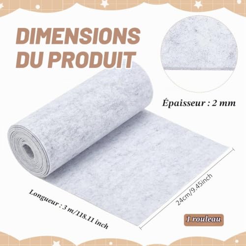 BENECREAT Feutre Tissu Rouleau 3m x 24cm 2mm Gris Clair