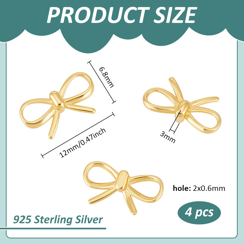 BENECREAT Perles Nœud Papillon Argent 925 4pcs Or 12mm