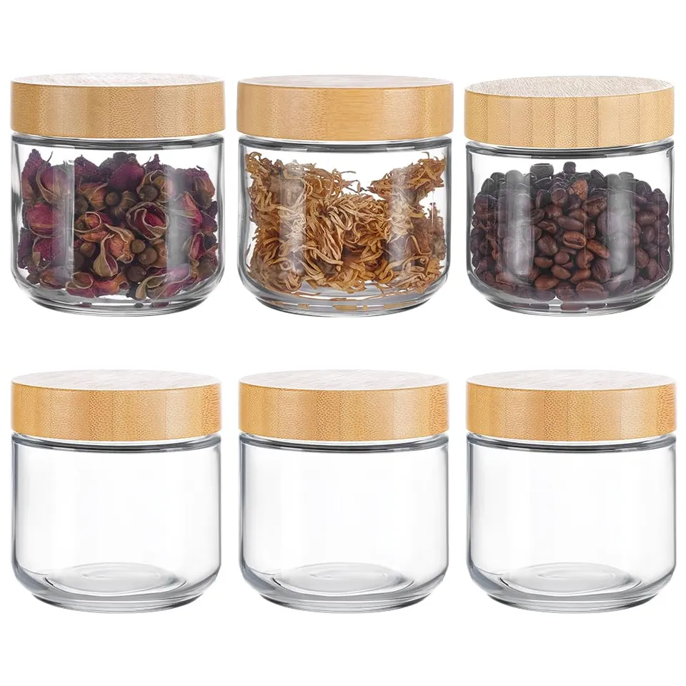 BENECREAT pots verre 350ml couvercle bois mocassin lot 6