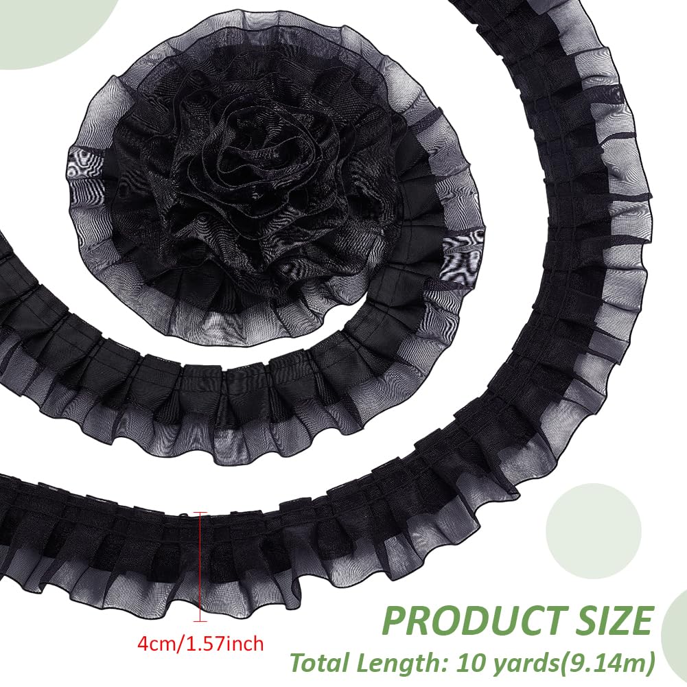 BENECREAT Ruban Organza Volants Noir 9,1 m 40 mm
