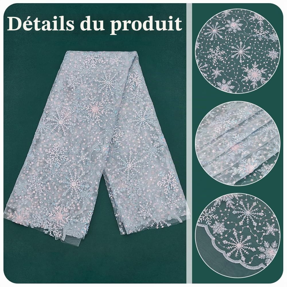BENECREAT Tulle Flocon Neige Tissu Bleu Clair 90x156cm Paillettes