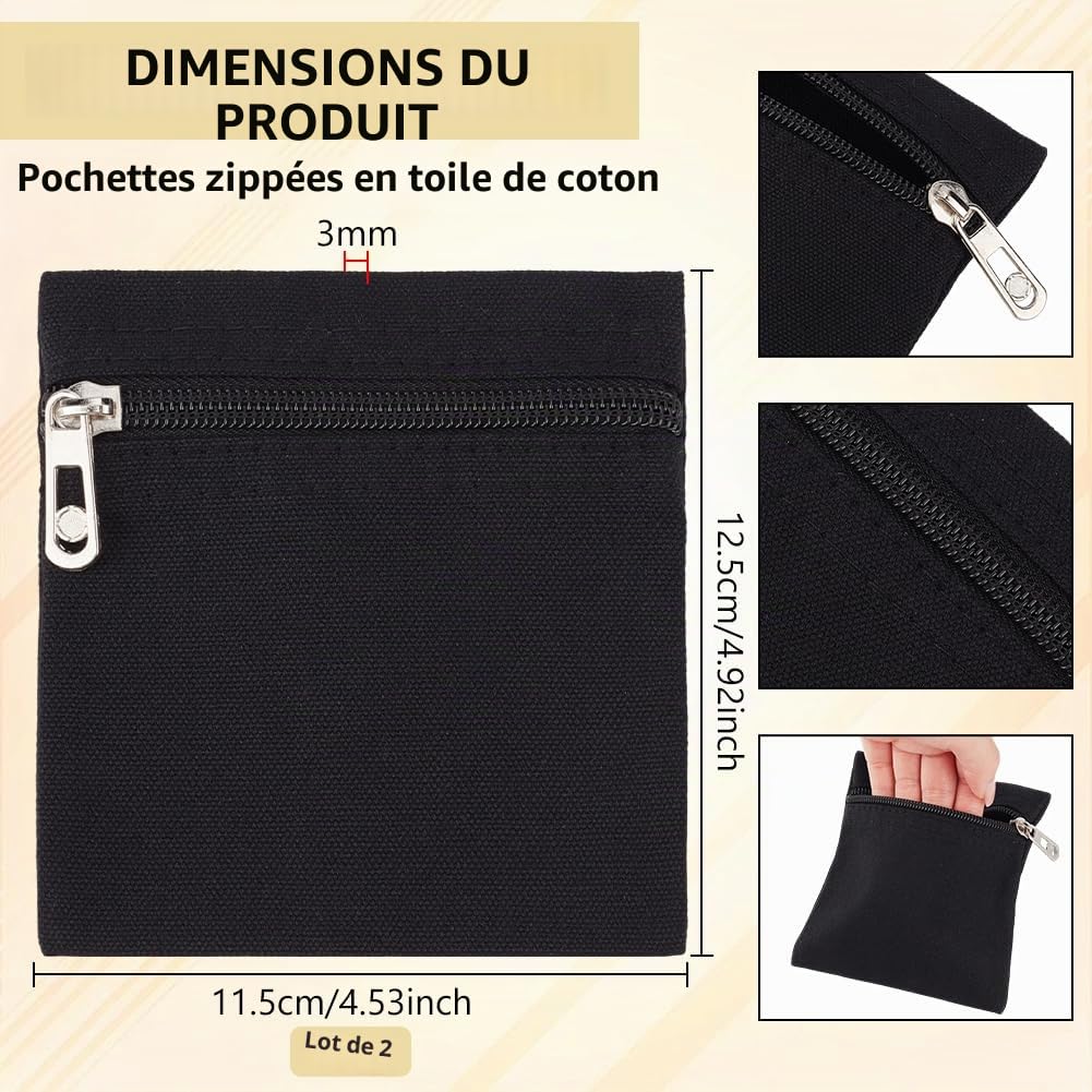 BENECREAT poches zip à coudre toile noire 12,5 cm lot 2