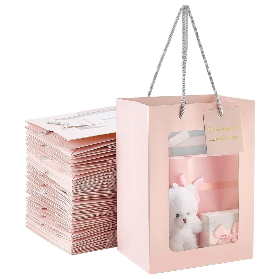BENECREAT Sacs Cadeaux Fenêtre Rose 30pcs 25x18x13cm Carton