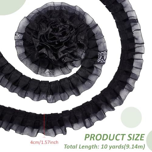 BENECREAT Ruban Organza Volants Noir 9,1 m 40 mm