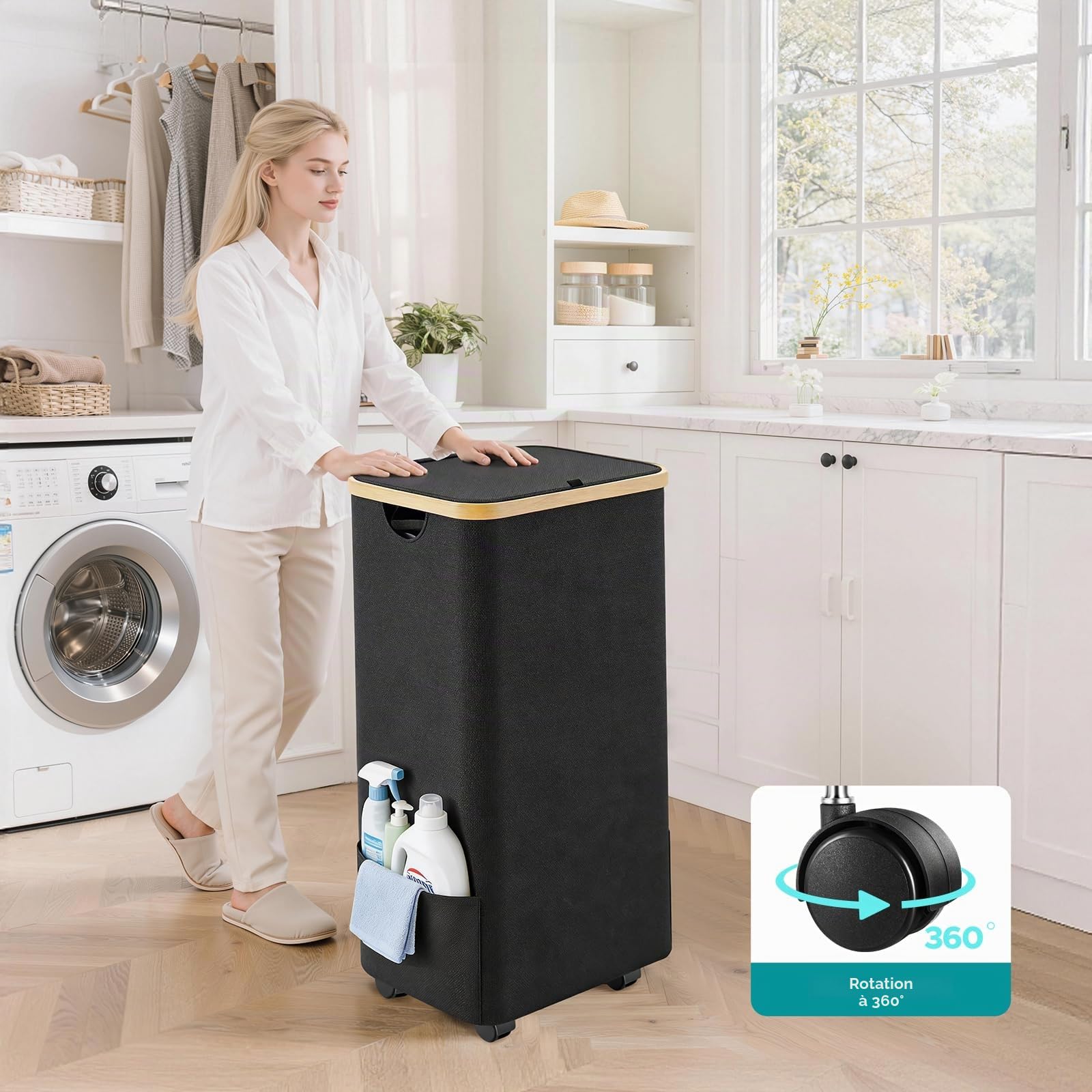 JYPS Panier à linge 110L 2 compartiments roulettes couvercle