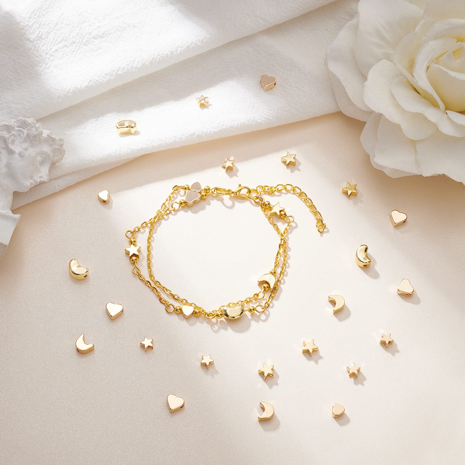 BENECREAT Perles laiton 18K étoile lune cœur 48 pcs doré