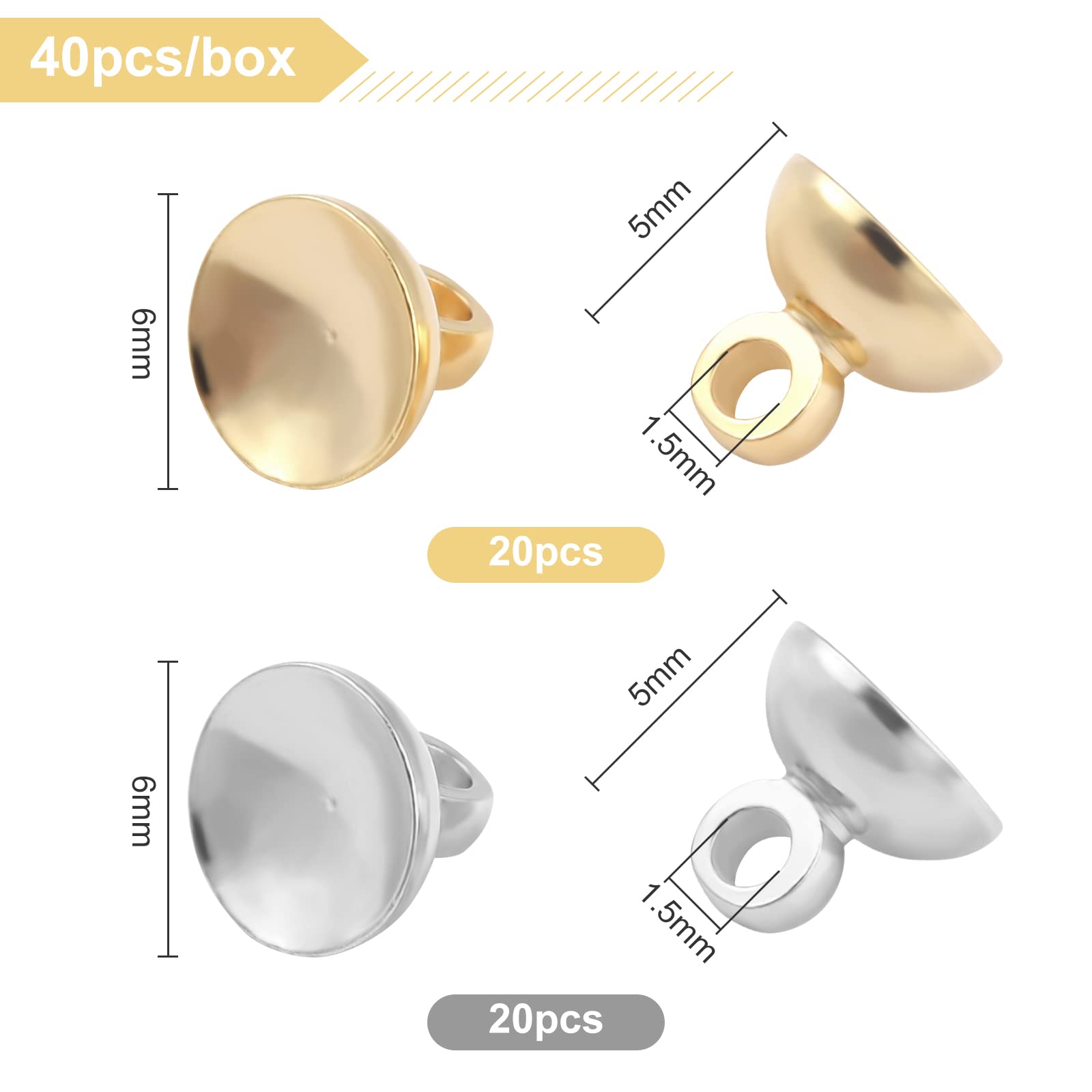 BENECREAT Bélières Coupelles Perles 5 mm Argent Doré x40