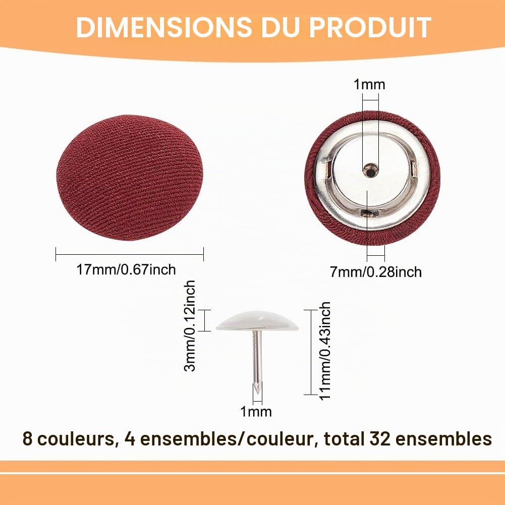 BENECREAT Boutons Ronds Tissu 17mm 8 Couleurs 32 pcs