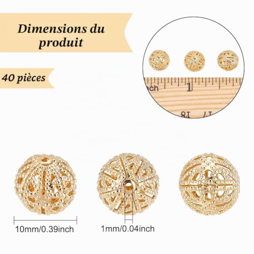 BENECREAT Perles filigrane plaqué or 10mm x40