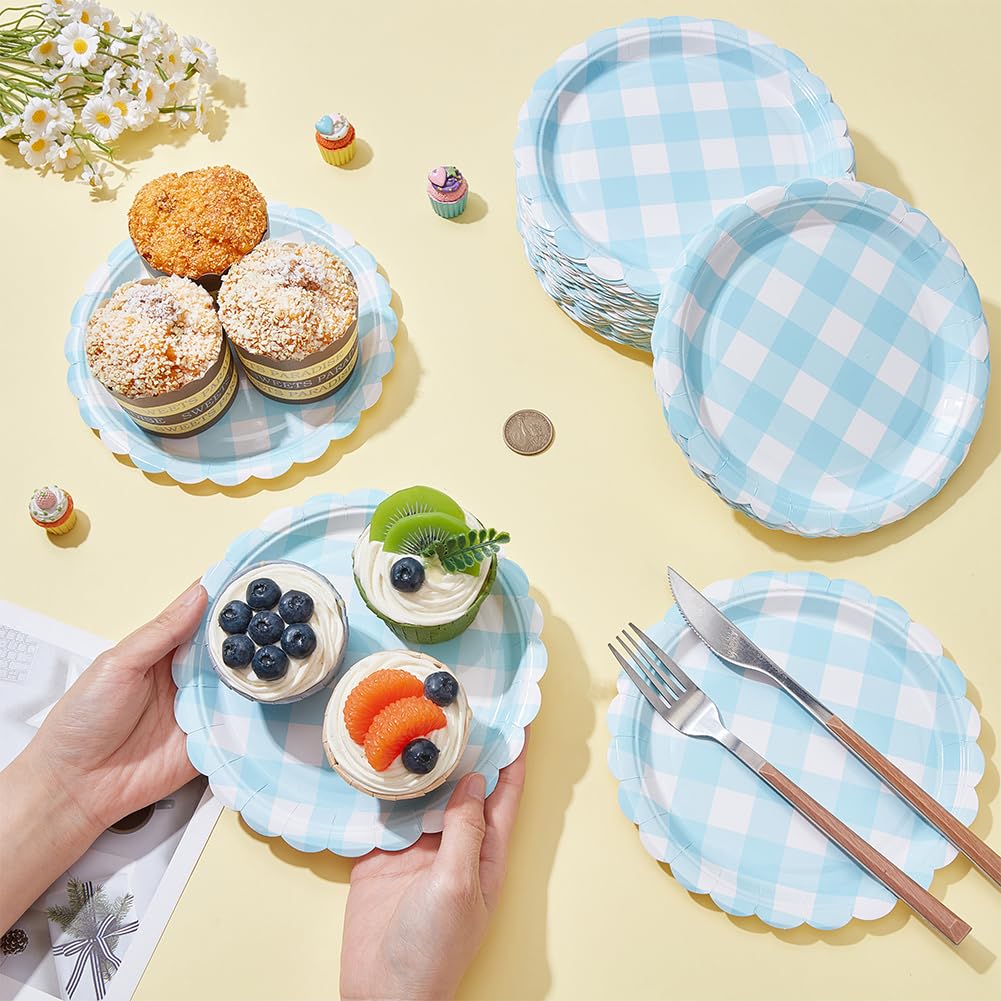 BENECREAT Assiettes Papier Festonnées Carreaux Bleu 100pcs 180mm