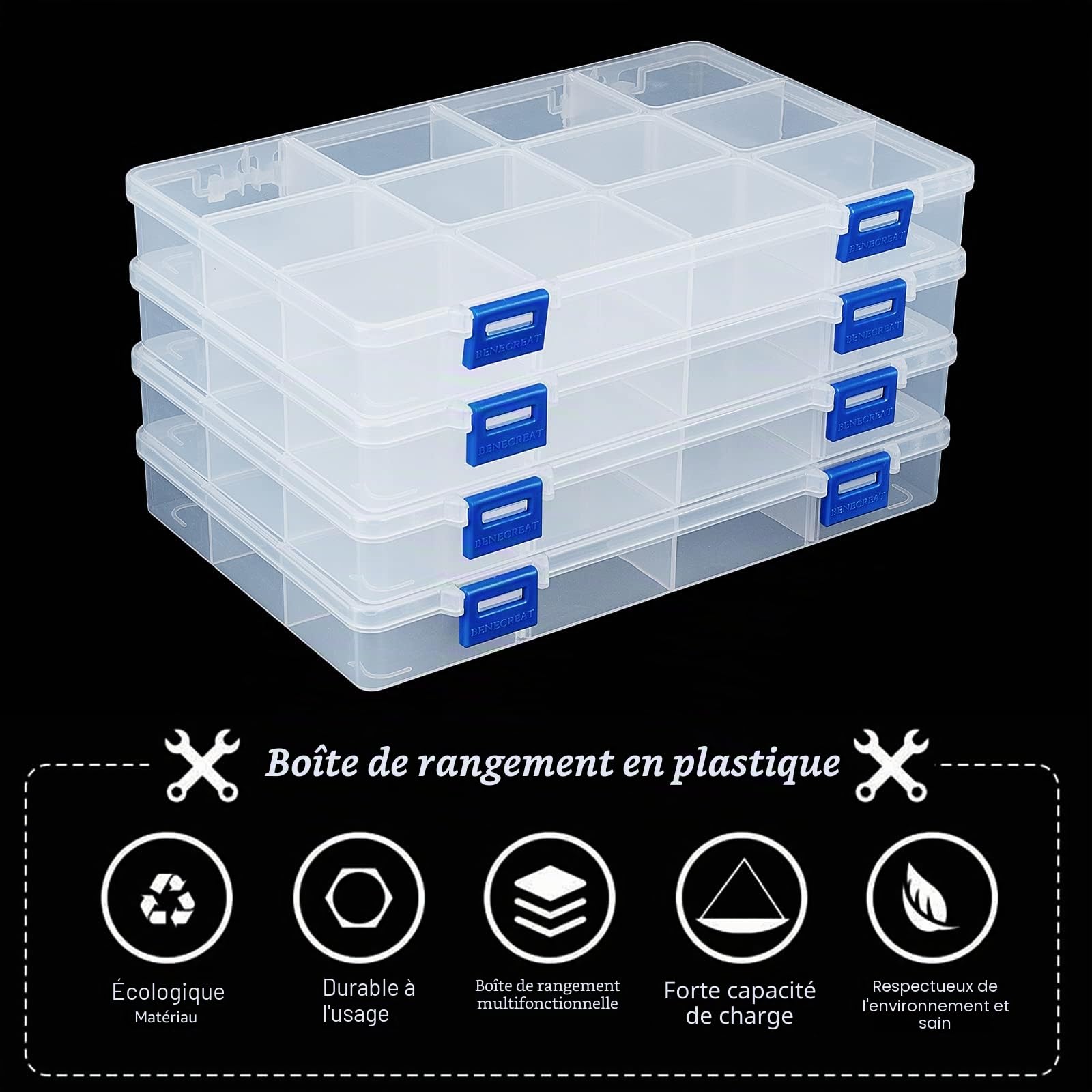 BENECREAT Boîte rangement plastique 12 grilles lot 4