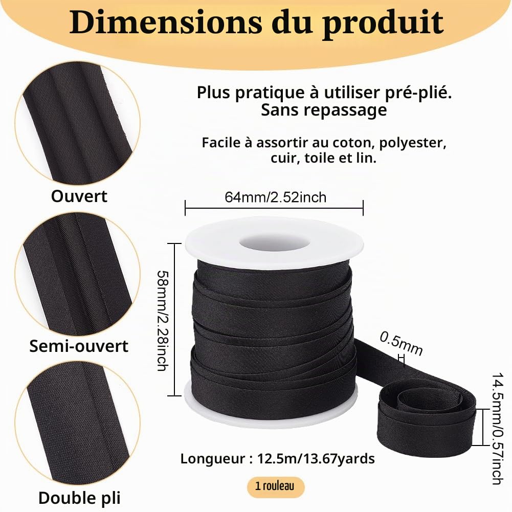 BENECREAT Biais Satin Noir 12,5 m 15 mm Double Pli
