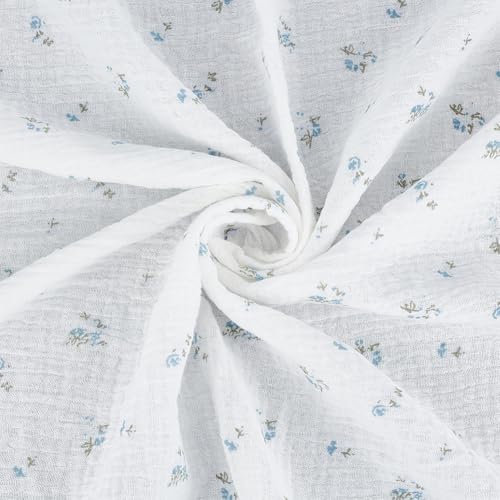 BENECREAT tissu coton double gaze fleuri bleu 1,5 m